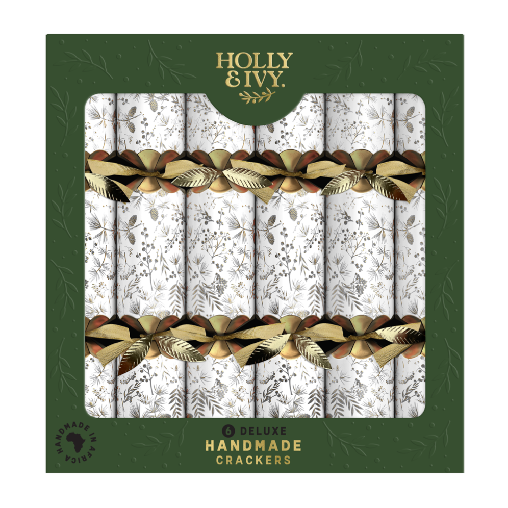 Holly & Ivy Christmas crackers - Tonal Watercolour & Gold Sprigs - Set van 6