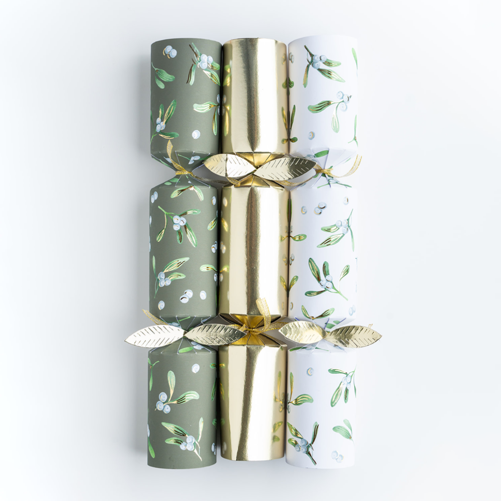 Holly & Ivy Christmas crackers - Gold & Green Mistletoe - Set van 6