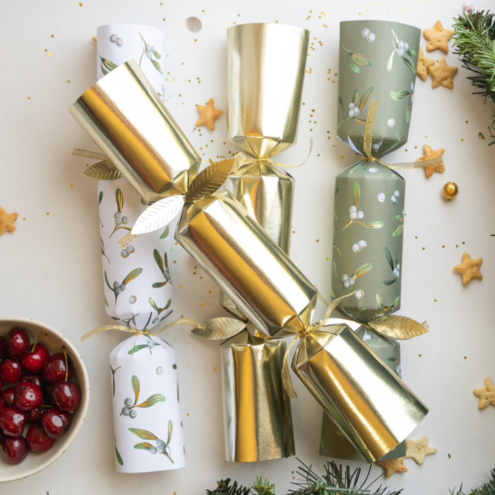 Holly & Ivy Christmas crackers - Gold & Green Mistletoe - Set van 6