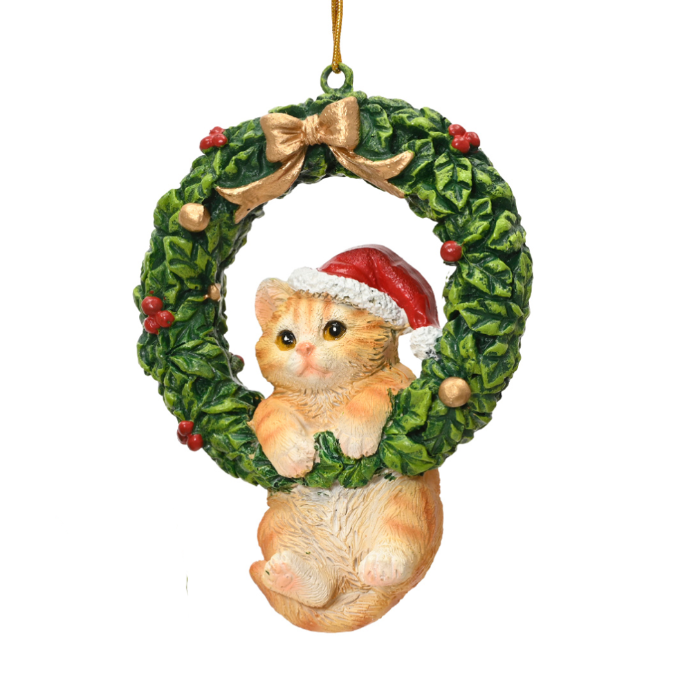 Decoris kerstornament - Kerstkrans met kat