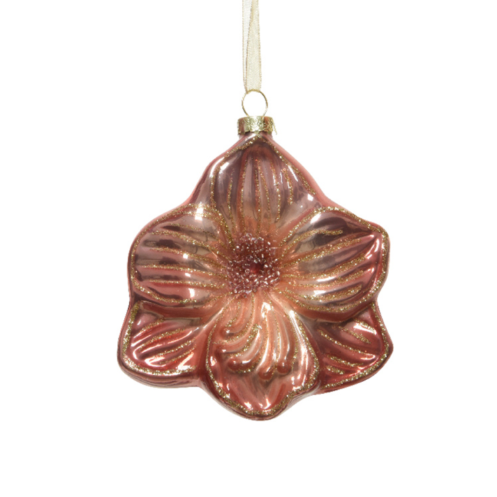 Glazen kerstornament - Bloem met glitters - Roze - 10 cm