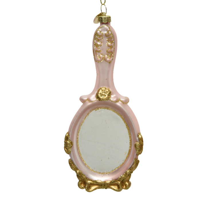 Glazen kerstornament - Barok spiegel met gouden glitters- Roze met goud - 15 cm