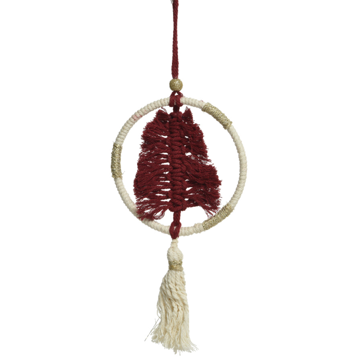 Kerstornament - Macramé boom - Met kwastje - Rood en wit