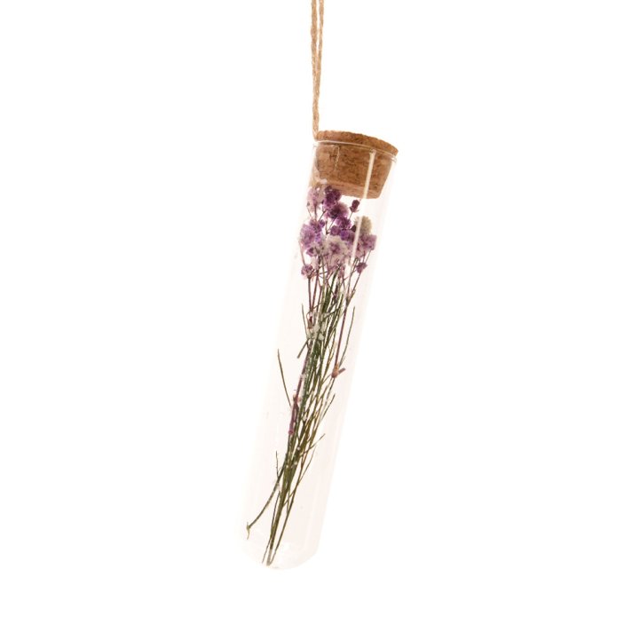 Glazen kerstornament - Reageerbuis met droogbloemen - Paars - 15cm