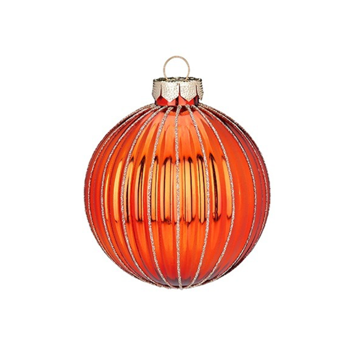 Glazen kerstbal - Oranje met verticale glitterlijnen - Glans - 8cm