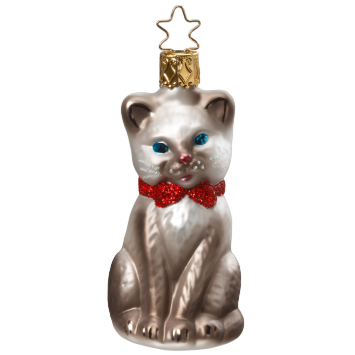 Inge Glas kerstornament - Zwarte kat - Met kerststrik