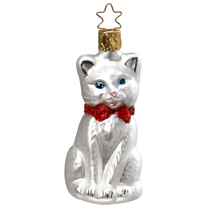Inge Glas kerstornament - Witte kat - Met kerststrik