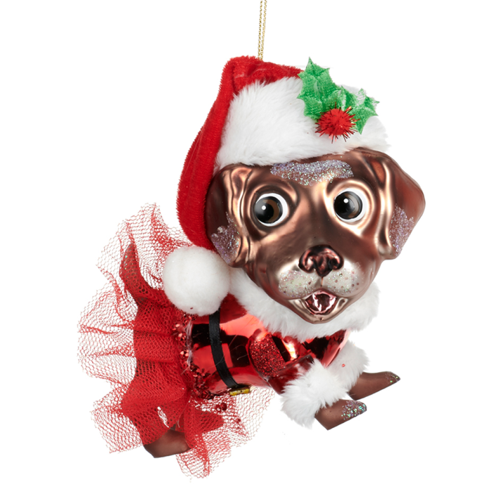 Goodwill kerstornament - Hond in kerstvrouw kostuum