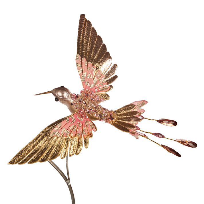 Goodwill glazen kerstornament - Kolibri met parels en glitters - Op klip - Goud en roze
