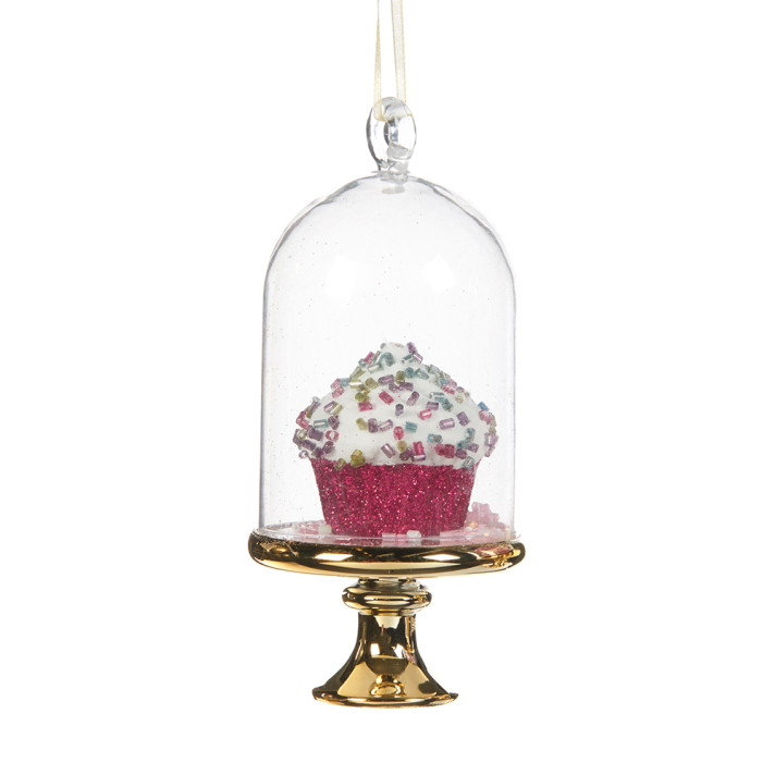 Goodwill kerstornament - Stolp met cupcake - Goud en roze - 13cm
