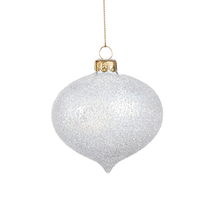 Goodwill glazen kerstbal - Met witte glitters - Ui-vormig - Wit - 8cm