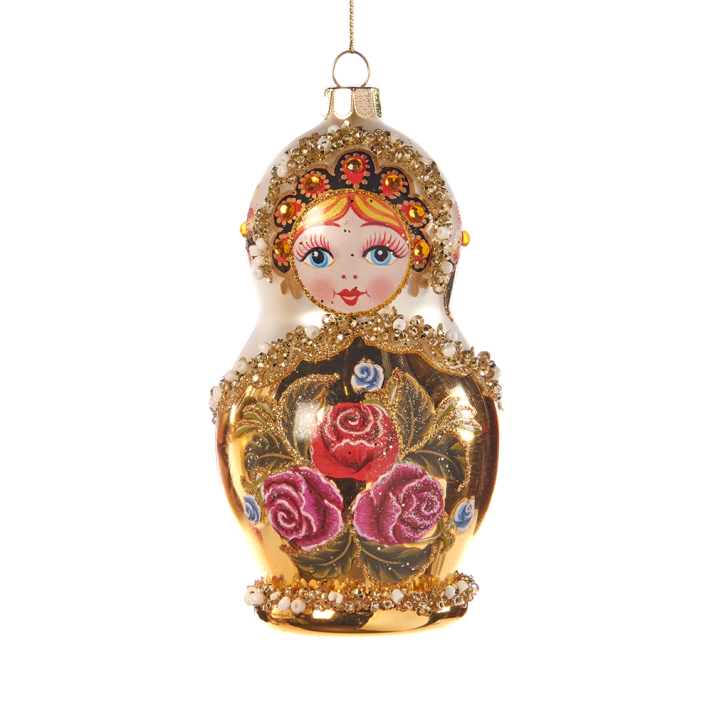 Goodwill glazen kerstornament - Matryoshka pop met parels en glitters - Goud en champagne