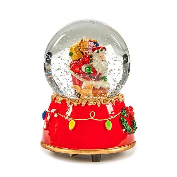 Goodwill sneeuwbol - Kerstman op schoorsteen - Met muziek - Rood en goud