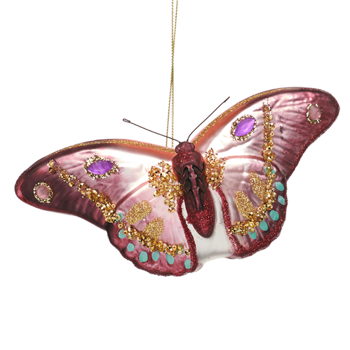 Goodwill glazen kerstornament - Vlinder - Met parels en gouden glitters - 12,5cm