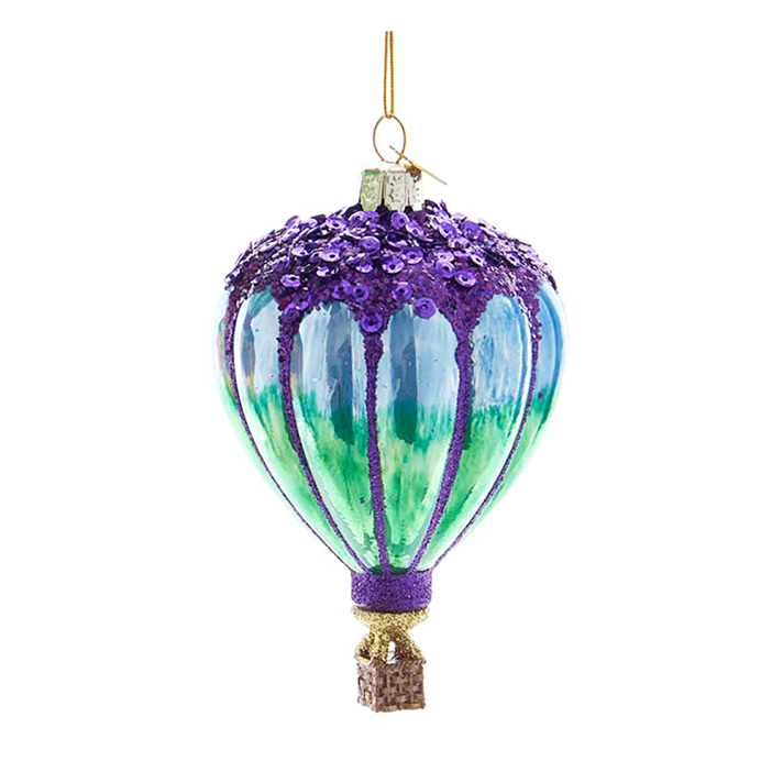 Kurt Adler glazen kerstornament - Hete luchtballon - Met pailletten - Blauw