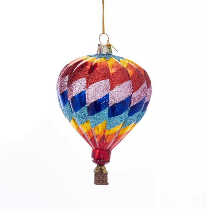 Glazen kleurrijke hete luchtballon kerstbal met diagonale strepen