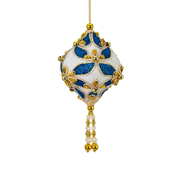 Kurt Adler kerstornament - Diamant met gouden parels - Blauw en wit
