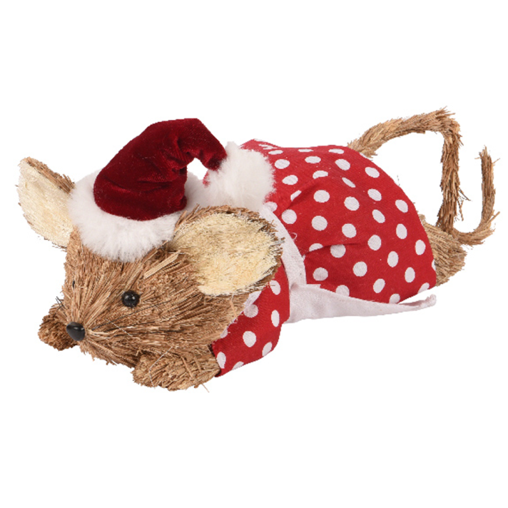 Stro muis - Met kerstmuts en schort - Liggend