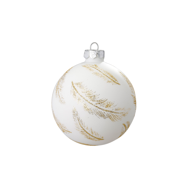 Glazen kerstbal - Met gouden glitter veren - Mat wit - 8cm