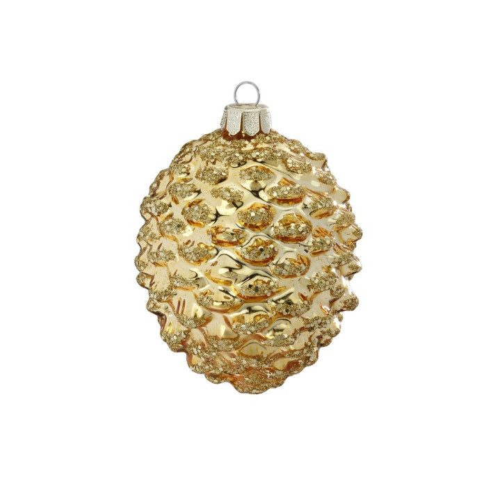 Glazen kerstornament - Dennenappel - Met gouden glitters - 11cm