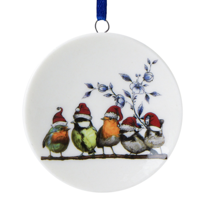 Heinen kerstornament - Schotel - Vogels met kerstmuts