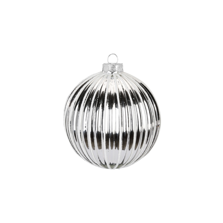 Glazen kerstbal - Met glitter lijnen - Glanzend zilver - 8cm