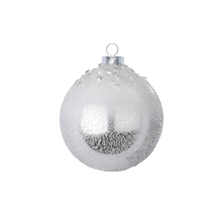Glazen kerstbal - Met witte frost en parels - Transparant zilver - 8cm