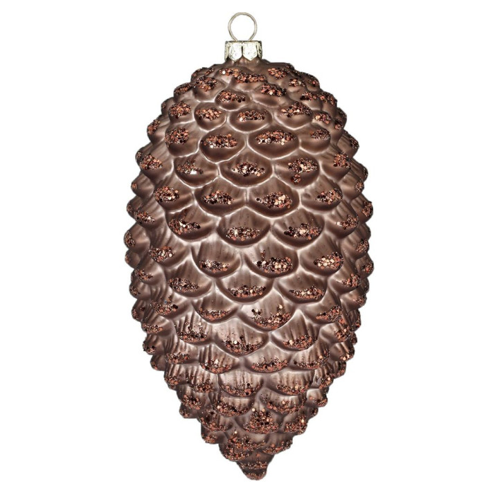 Glazen kerstornament - Dennenappel - Met bruine glitters - 16cm