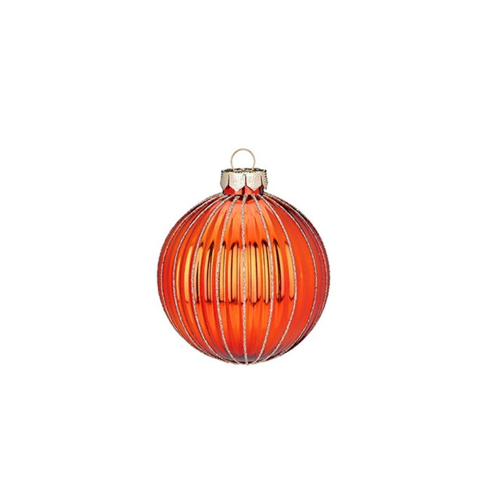 Glazen kerstbal - Met verticale glitter lijnen - Glanzend oranje - 6cm