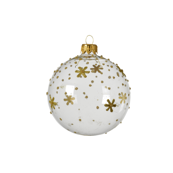 Glazen kerstbal - Met gouden bloemetjes - Transparant - 8cm