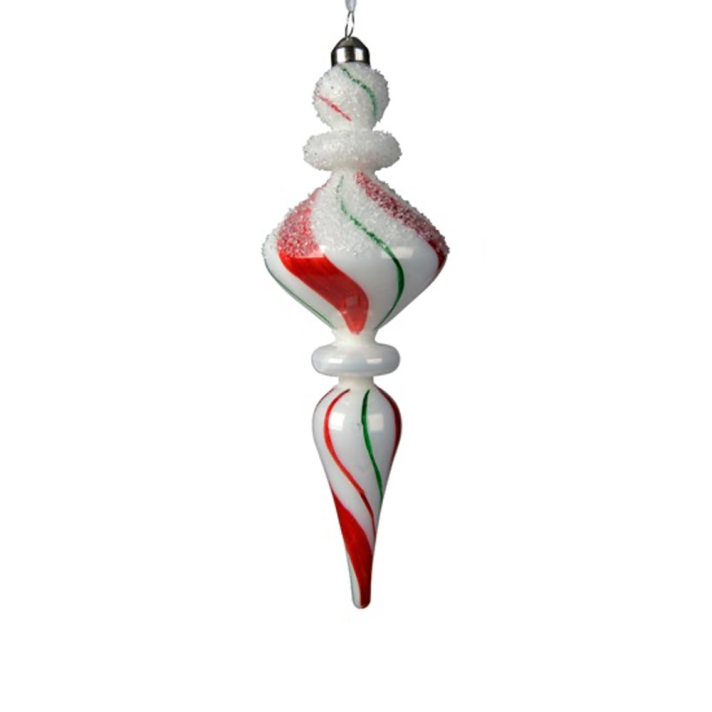 Glazen kerstpegel - Met rood-groene swirl en sneeuw - Wit - 24cm