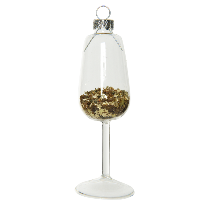 Glazen kerstornament - Champagne glas - Met gouden sterretjes