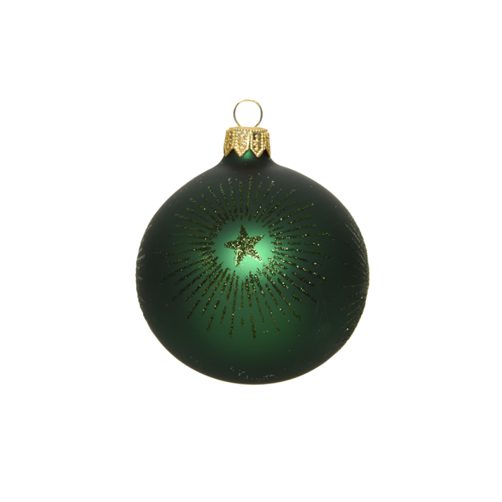 Glazen groene kerstbal met ster in glitter