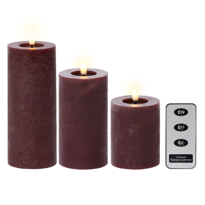 Lumineo LED stompkaarsen - Wijnrood - Set van 3 - Met afstandsbediening