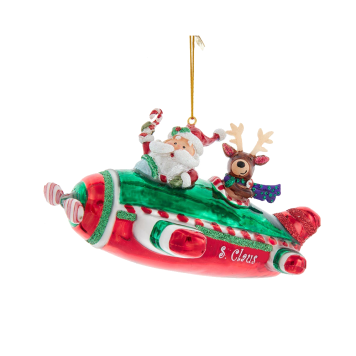 Glazen vliegtuig met kerstman en rendier