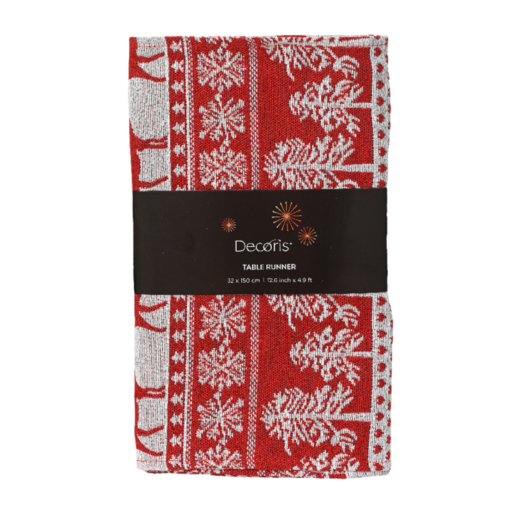 Decoris tafelloper - Met kerstpatroon - Rood en wit