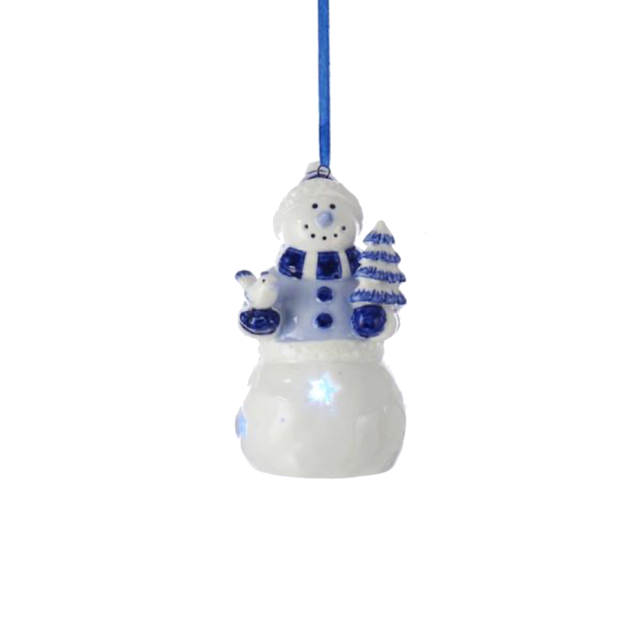 Porseleinen Delfts Blauwe sneeuwpop met kerstboom en LED