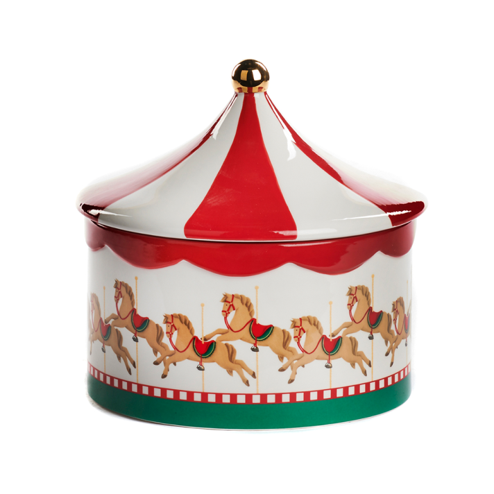 Goodwill koektrommel - Als caroussel met paarden - Met deksel - Rood en wit