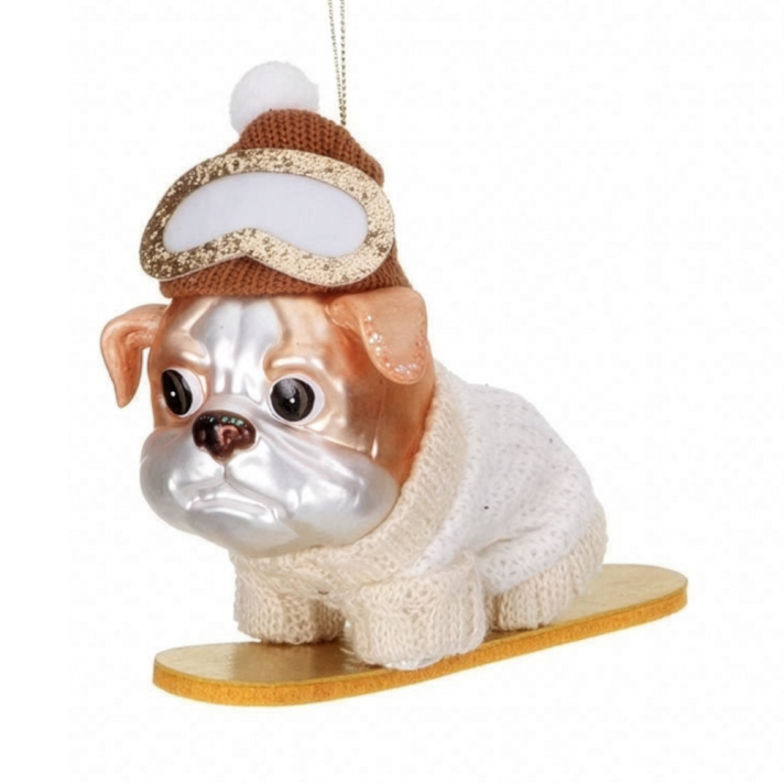 Goodwill kerstornament - Engelse buldog op snowboard