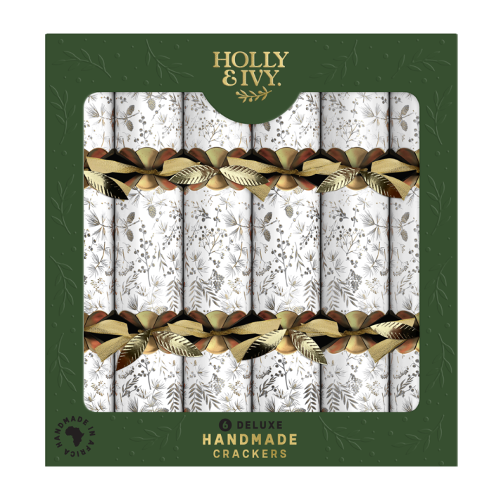 Holly & Ivy Christmas crackers - Tonal Watercolour & Gold Sprigs - Set van 6