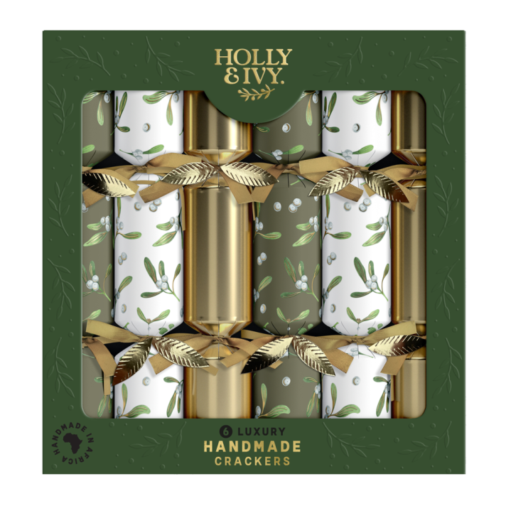 Holly & Ivy Christmas crackers - Gold & Green Mistletoe - Set van 6