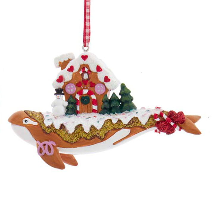 Kurt Adler kerstornament - Versierde walvis met gingerbread huisje