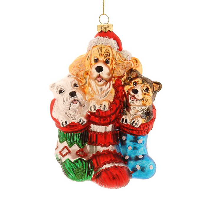 Glinster kerstornament - Honden in kerstsokken