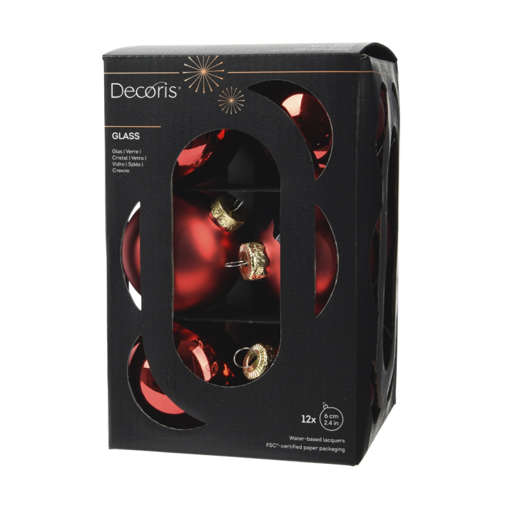 Decoris Christmas baubles - Red - 6cm - Set of 12