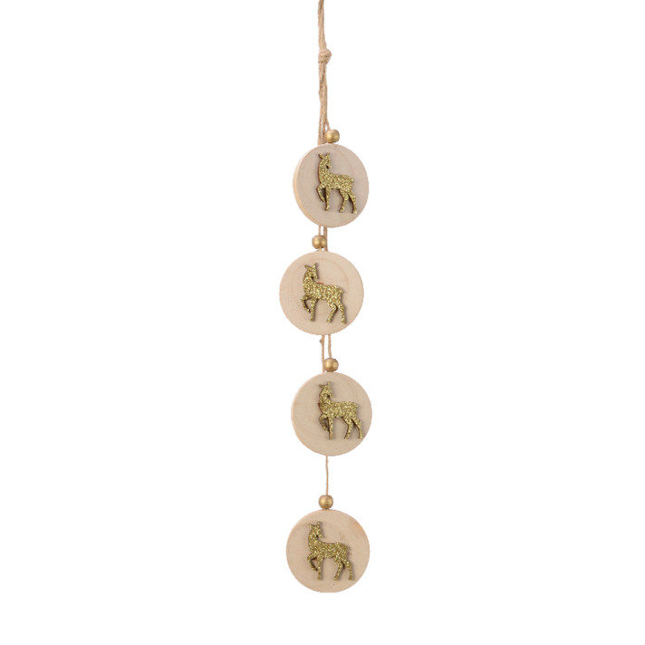 Houten kersthanger - Pegel van vier houtschijven - Met gouden glitter hert - 45cm