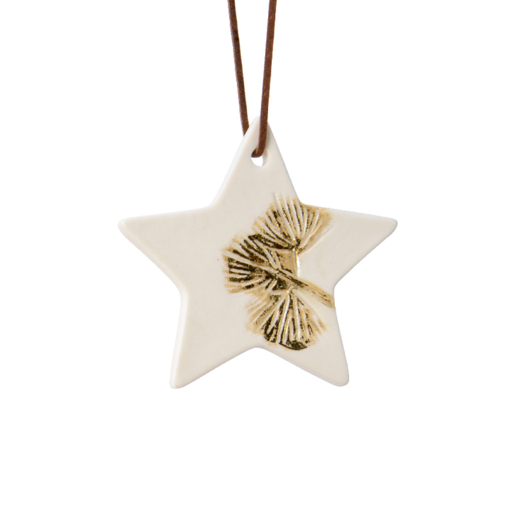 Kerstornament - Ster met bloem opdruk - Wit en goud
