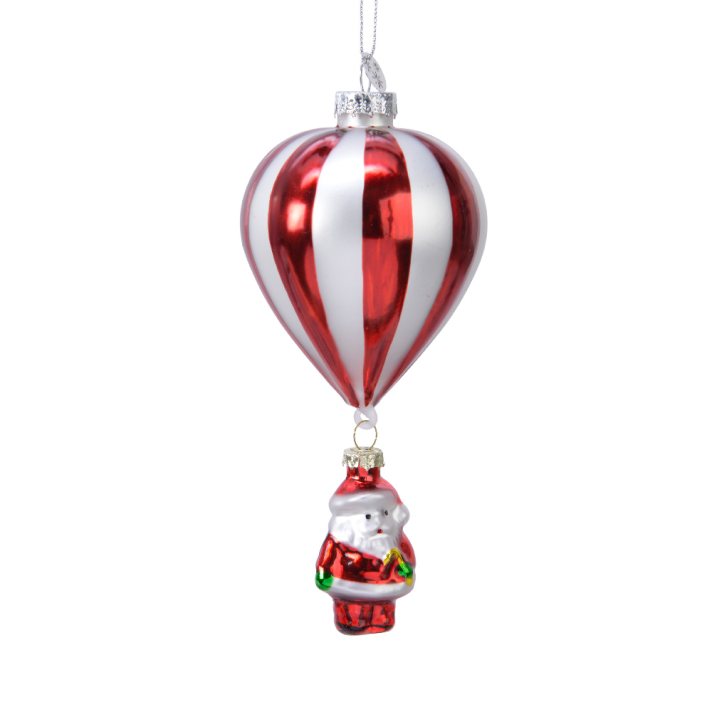 Glazen luchtballon - Met hangende kerstman - Rood en wit - 15 cm