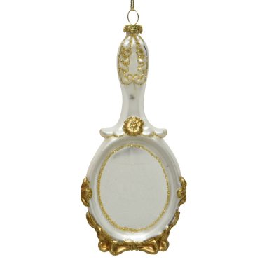 Glazen kerstornament - Barok spiegel met gouden glitters - Wit met goud - 15 cm
