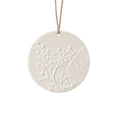 Porseleinen kerstornament - Schijf met bloemen opdruk - Wit