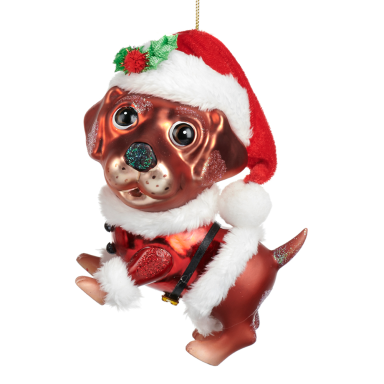 Goodwill glazen kerstornament - Hond in kerstvrouw kostuum